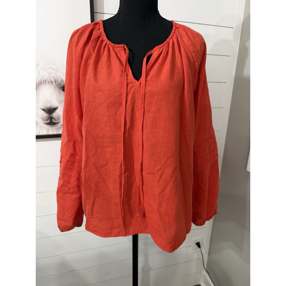 Velvet Heart Womens Sz L 100% Linen Peasant Blouse Orange Balloon Sleeve Boho